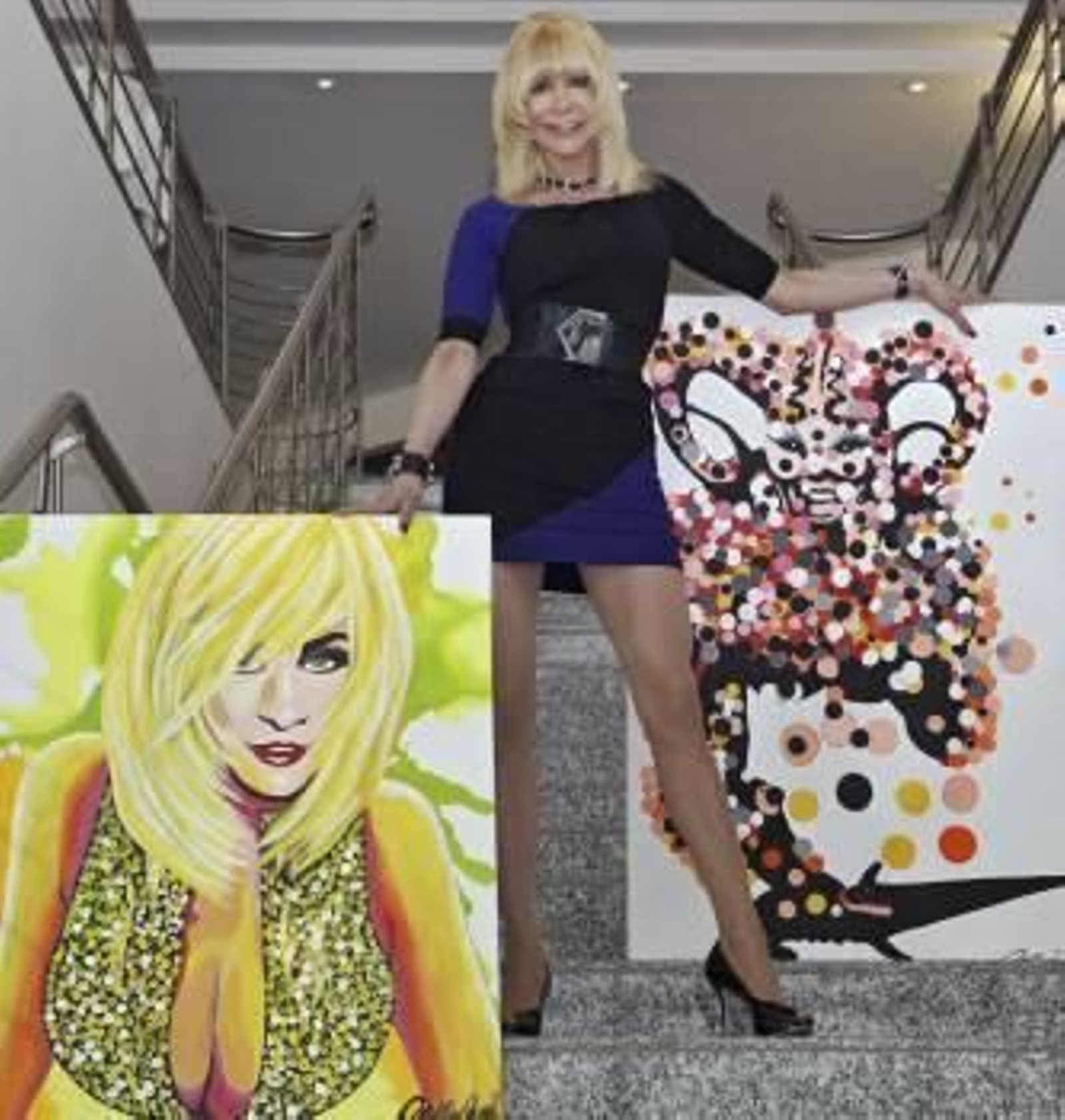 La ex actriz porno checa Dolly Buster posa junto a dos de sus obras, antes de la apertura de la exposición en la que mostrará 31 de sus cuadros, en Fuerth, Alemania.