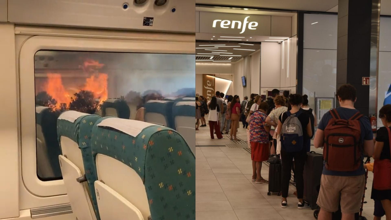 El AVE en dirección Galicia, a la altura de Zamora-Sanabria, este lunes a las 9.30 horas; y las colas en la estación de Urzáiz, en Vigo. // @PacoSeoanePerez / Juancho Everman