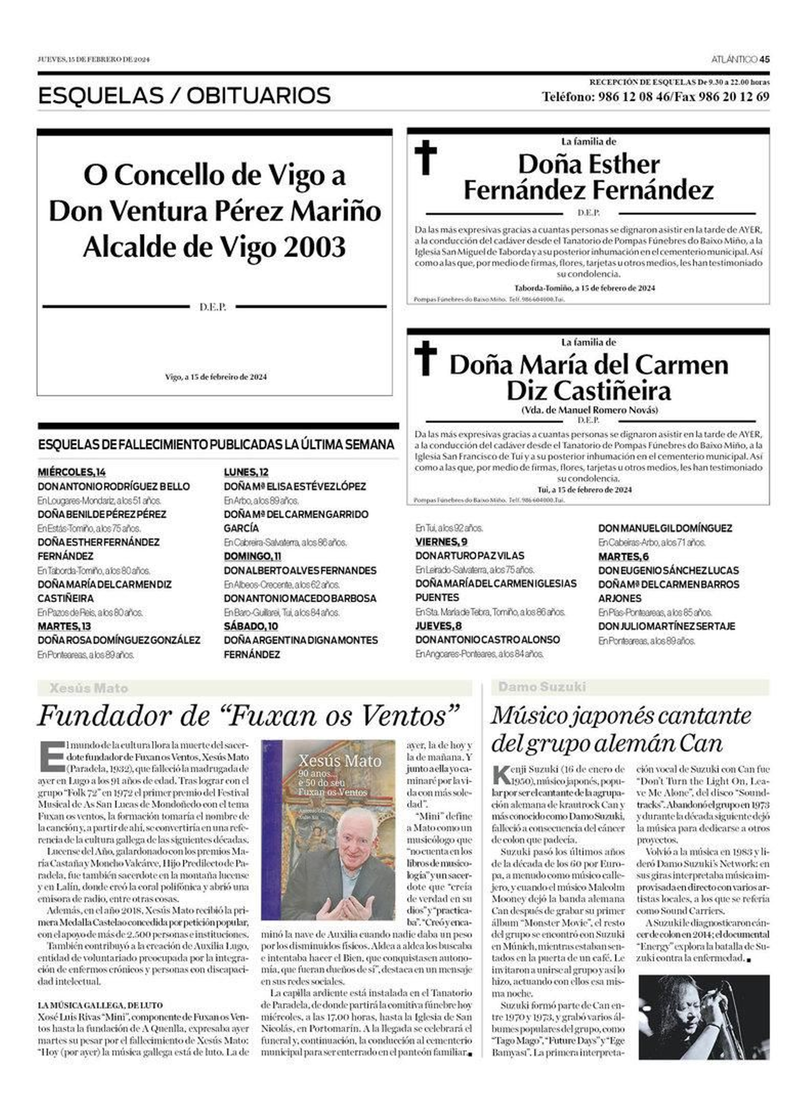 Las esquelas de este jueves 15 de febrero.