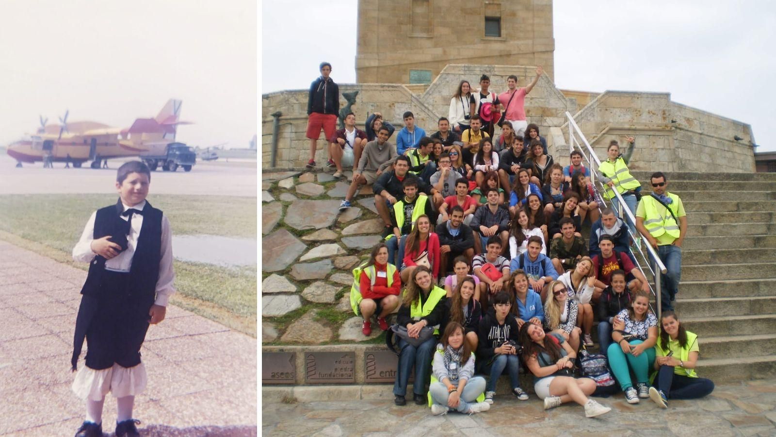 El profesional vestido con el traje tradicional gallego en Uruguay (i) y durante su primera excursión a Galicia (d).