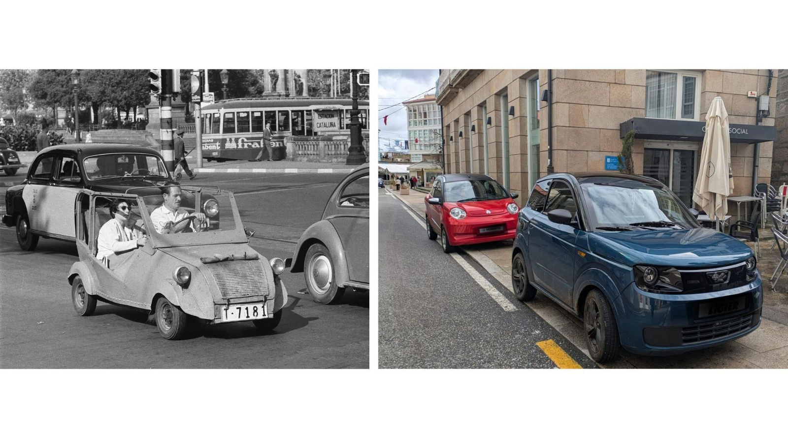 El Biscúter (izqda), uno de los microcoches más populares fabricados en España (1960), y dos microcoches actuales, en Maceda.