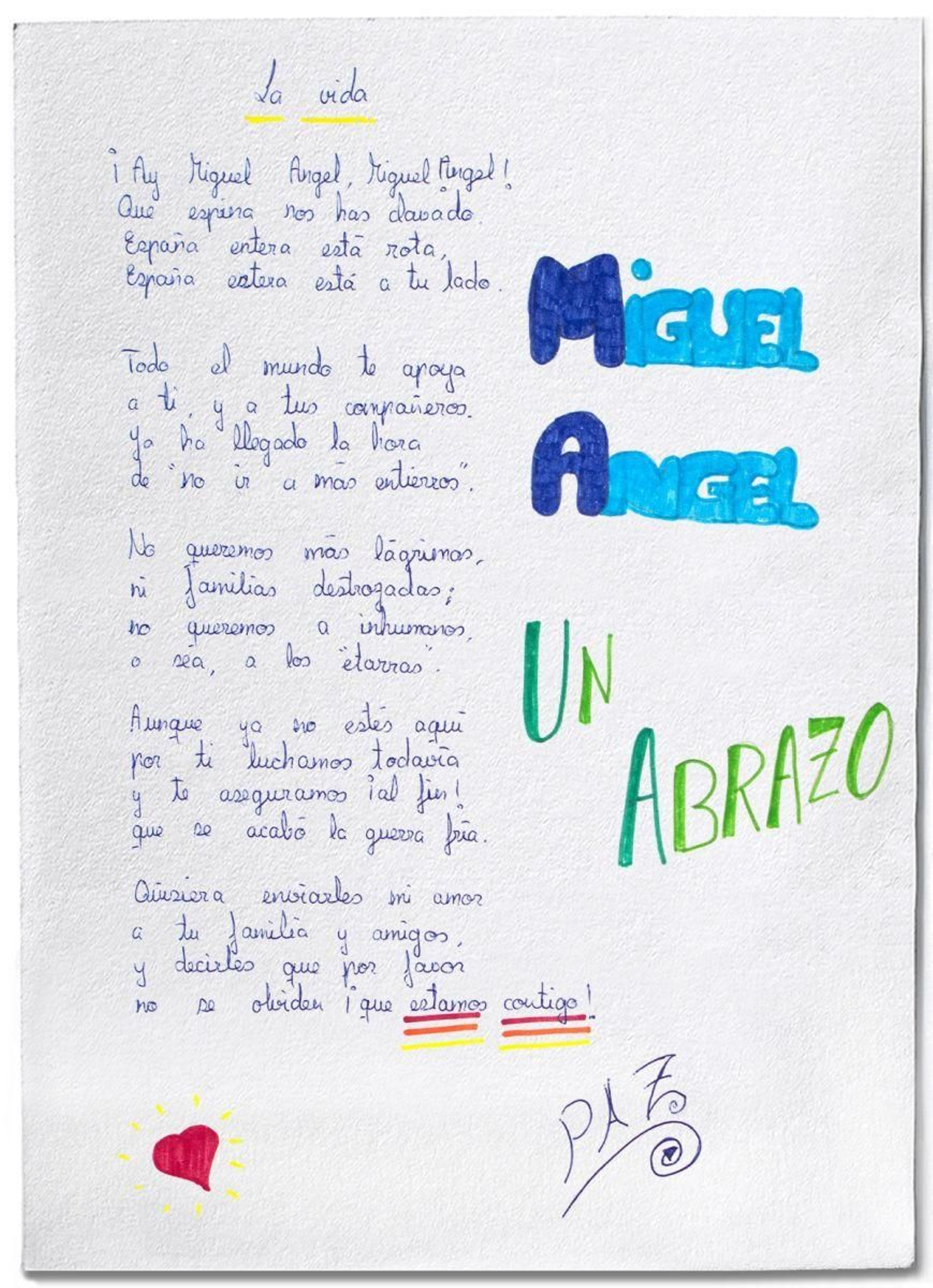 Una de las cartas recopiladas escritas a Miguel Ángel Blanco.