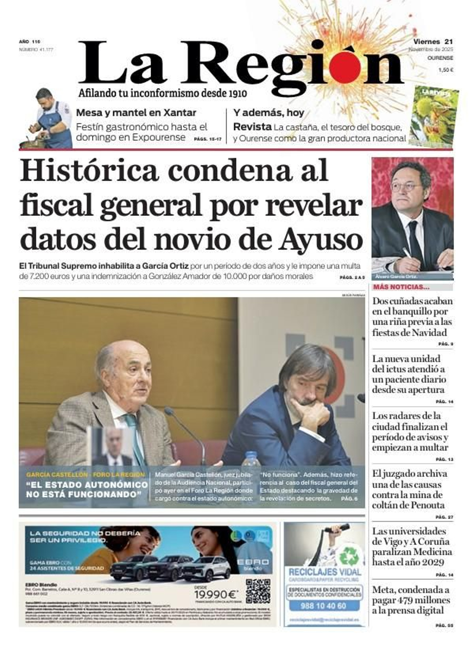 La portada de La Región, este viernes 21 de noviembre