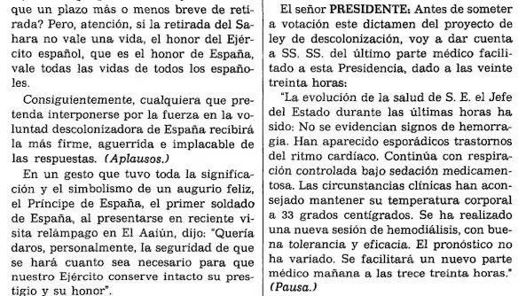 Parte médico de Franco leído en el pleno del Congreso