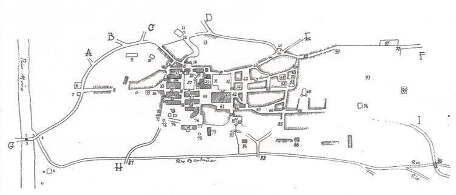 Plano de Ático Noguerol Iglesias del Orense Antiguo, publicado en el “Boletín de la Comisión Provincial de Monumentos histórico artísticos de la provincia de Orense”, Tomo XX, pág. 427