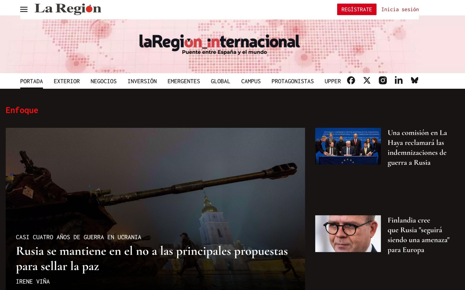 Portada del portal de noticias de la nueva Región Internacional