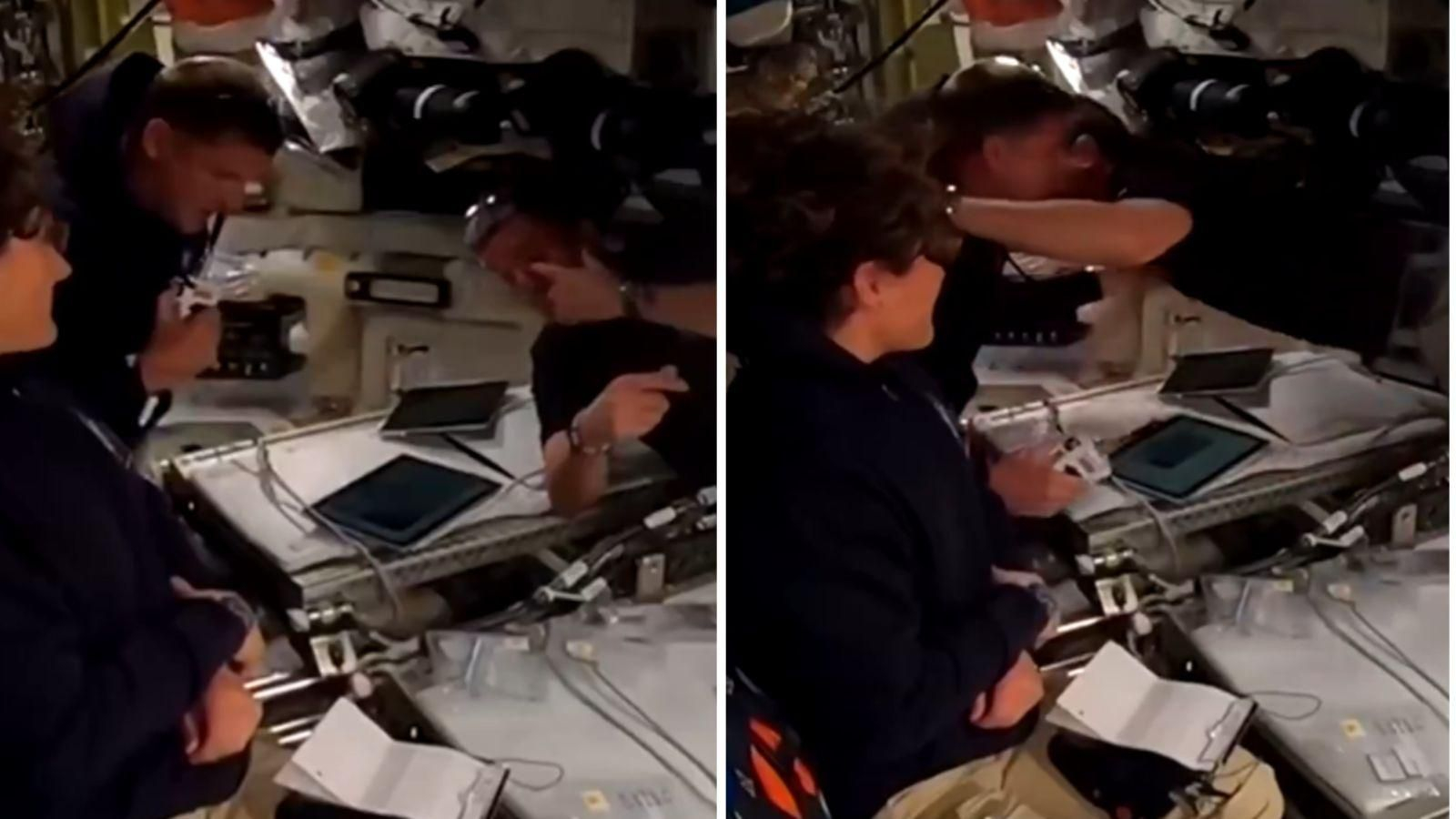 Momento en que la tripulación anuncia el nombramiento del cráter de la Luna