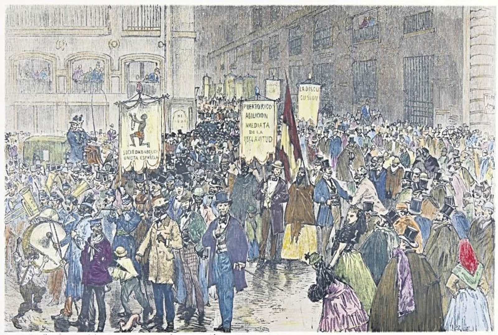 A lei de Tomas Mosquera foi aprobada o 22 de marzo de 1873. O grabado reproduce unha manifestación previa.