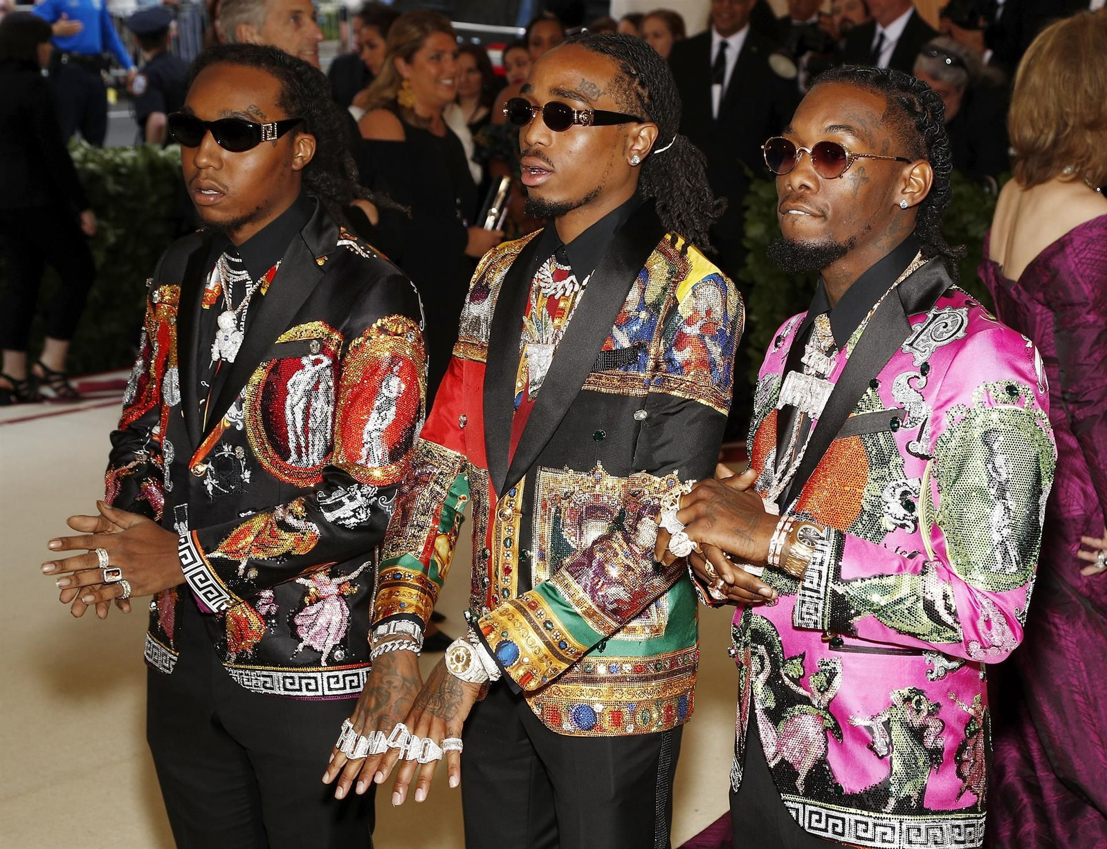 Los raperos Takeoff (i), Offset (c) y Quava (d), del grupo de hip hop Migos, en una fotografía de archivo. EFE/Justin Lane.