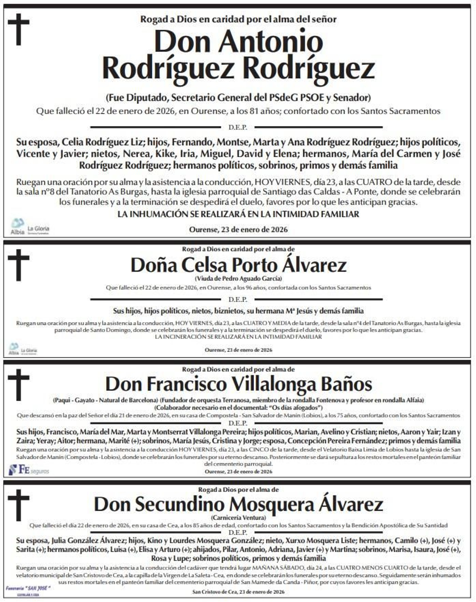 Las esquelas de hoy, viernes 23 de enero.