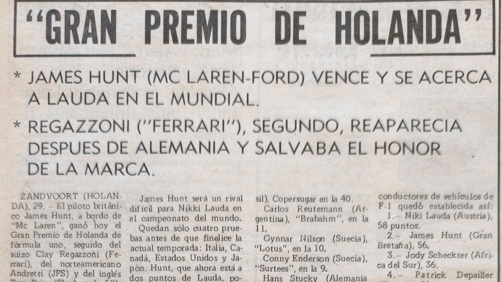 James Hunt se acerca al liderato en Fórmula Uno