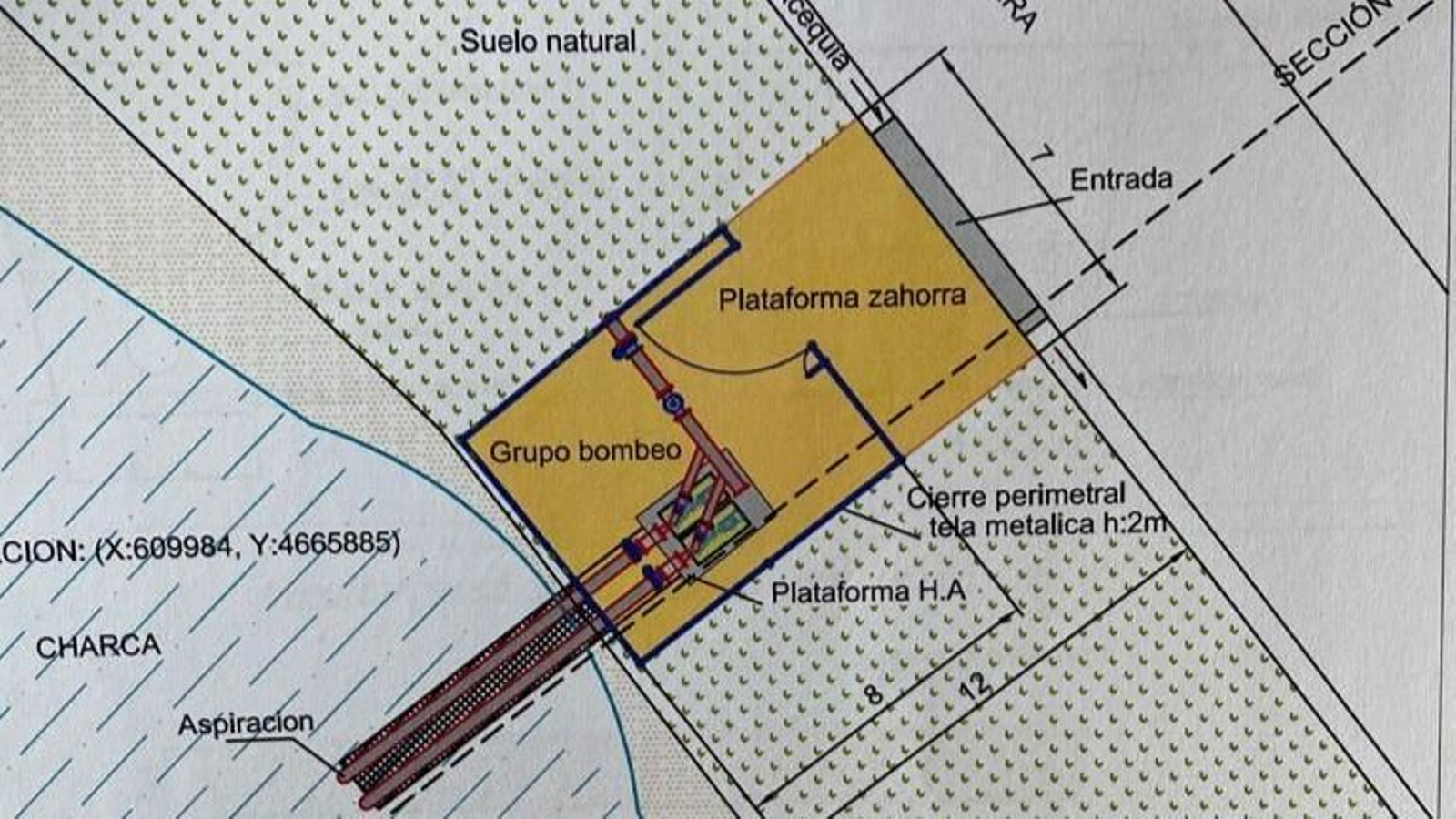 Plano del proyecto para la explotación y bombeo de agua desde la balsa.