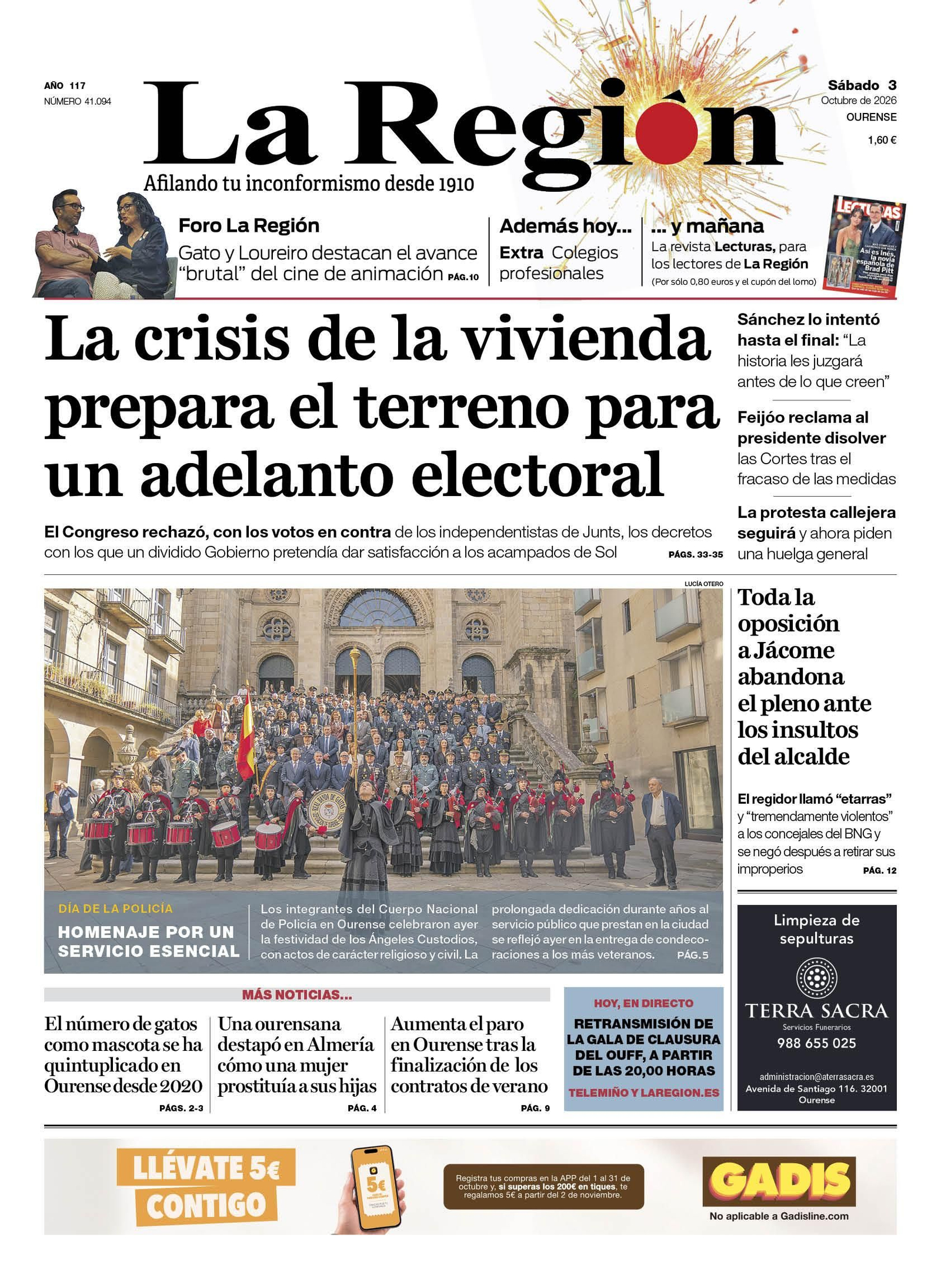 La portada de La Región de este sábado, 3 de octubre