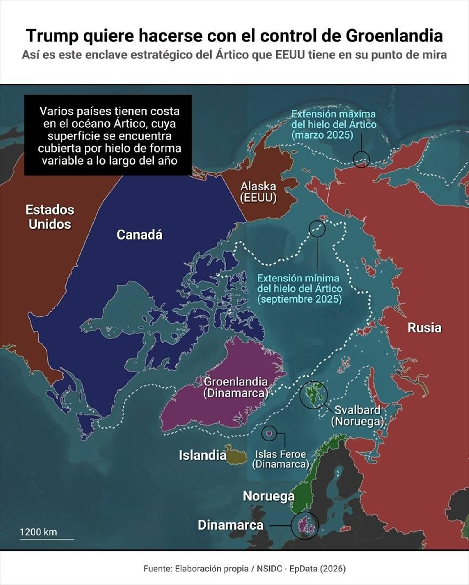 Mapa geopolítico del Ártico, donde se encuentra Groenlandia.