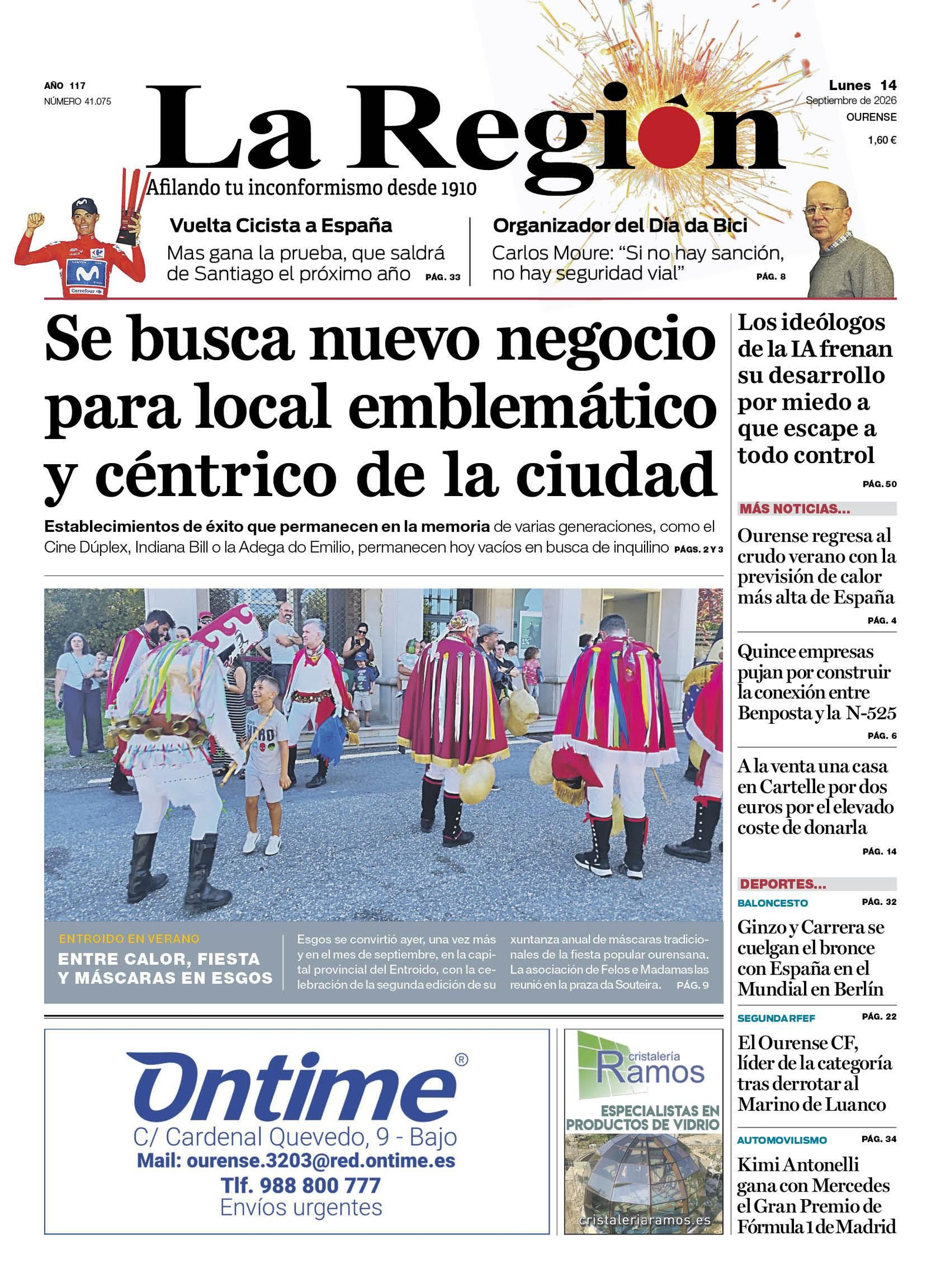 La portada de La Región de este lunes, 14 de septiembre.