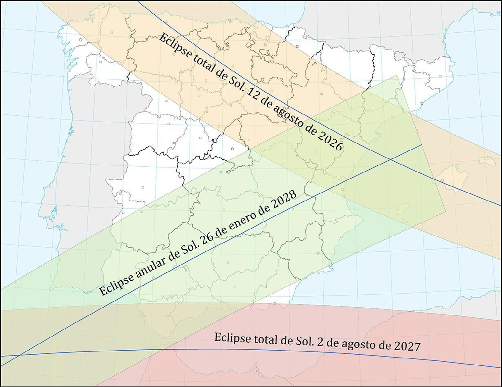 Franjas de totalidad de los eclipses solares que pasarán por España en los próximos años.