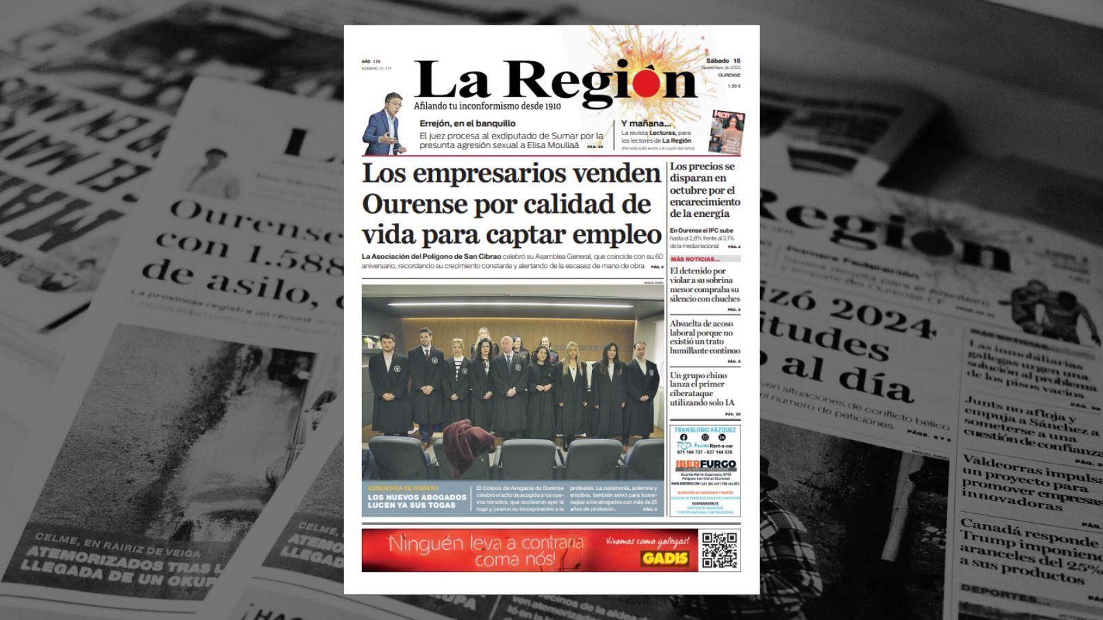 La portada de La Región del sábado, 15 de noviembre