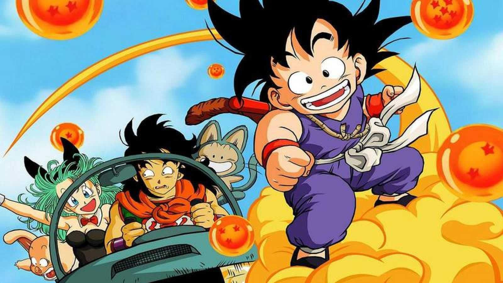 Son Goku vuela en su nube junto a otros personajes de "As bolas máxicas".