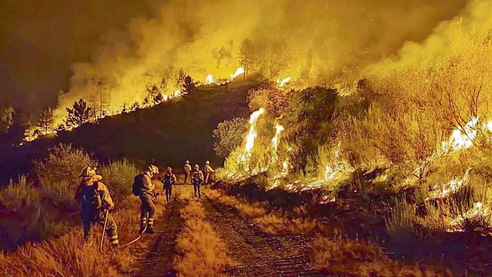 Una brigada de extinción, durante los trabajos de extinción de un incendio en Valdeorras en 2022.