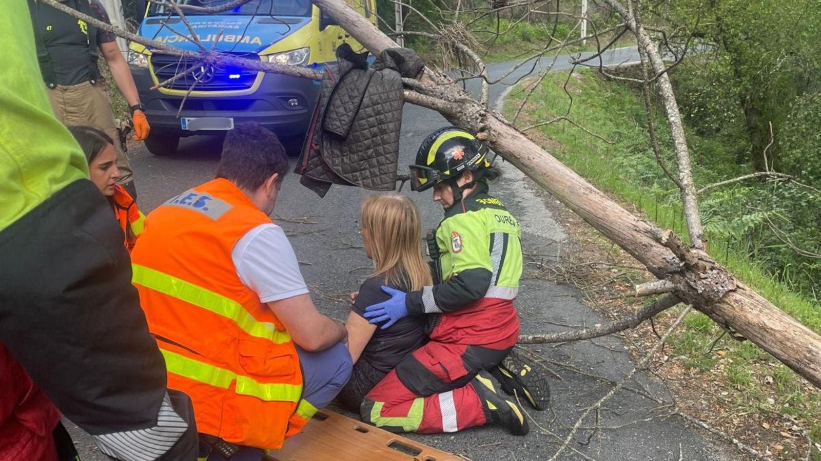 La mujer herida siendo atendida tras caerle el árbol.