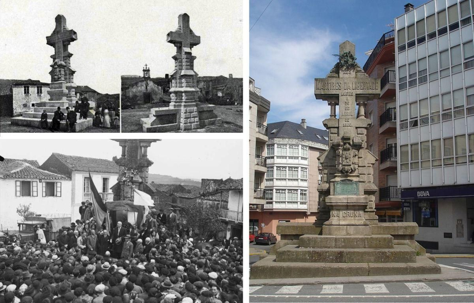 O monumento dos mártires de Carral cando foi construído (1904) nunha homenaxe (1931) e hoxe en día no centro da vila.