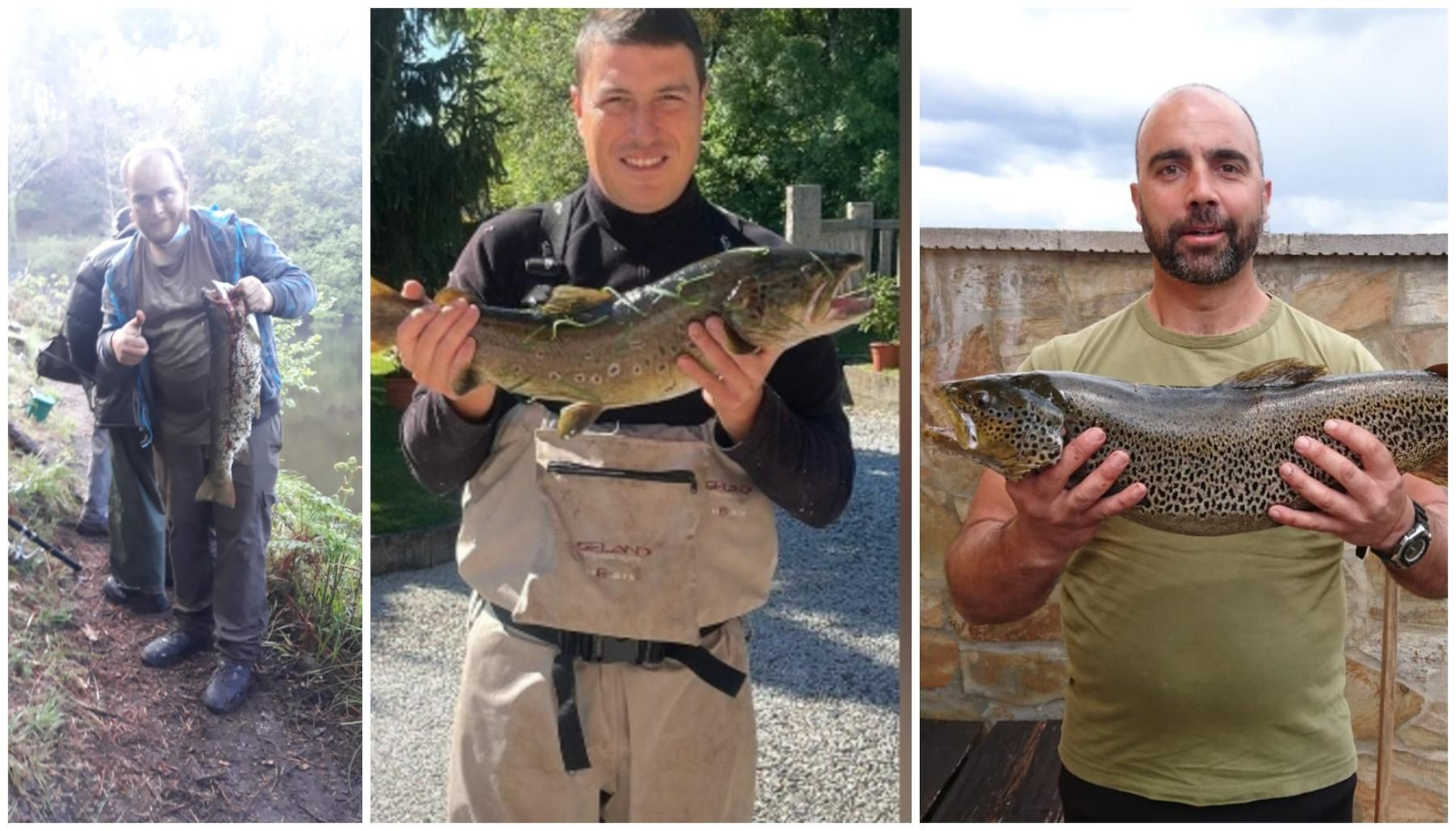 Cristián E., David Rodríguez y Sandro Javier con las tres truchas de más de tres kilos que pescaron.