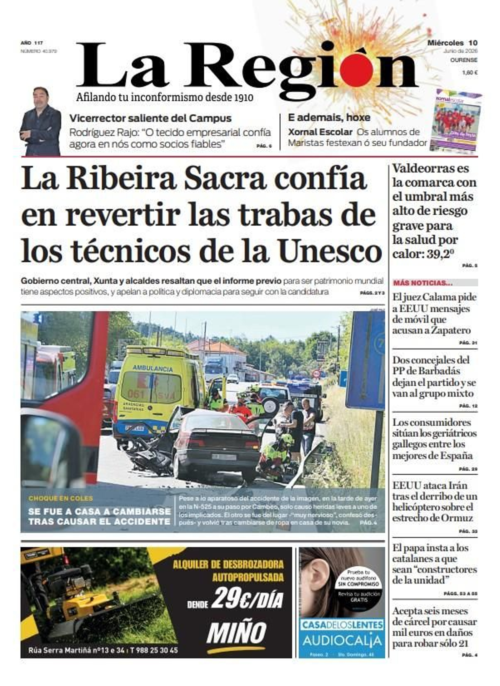 La portada de La Región de este miércoles, 10 de junio.