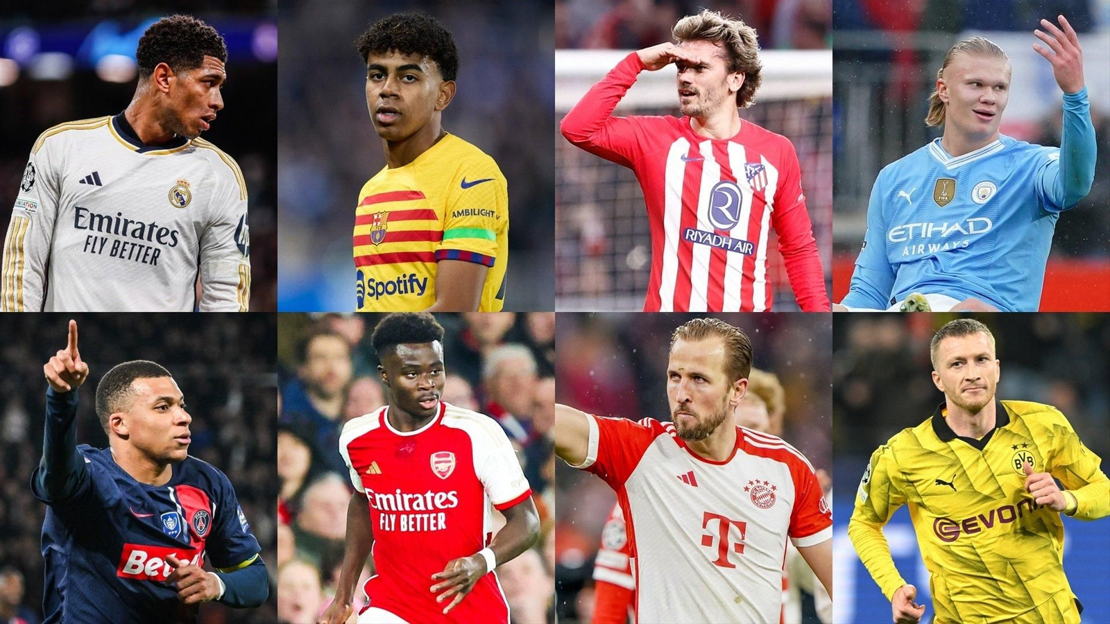 Los futbolistas Jude Bellingham (Real Madrid), Lamine Yamal (FC Barcelona), Antoine Griezmann (Atlético de Madrid), Erling Haaland (Manchester City), Kylian Mbappé (PSG), Bukayo Saka (Arsenal), Harry Kane (Bayern) y Marco Reus (Borussia Dortmund). // EP