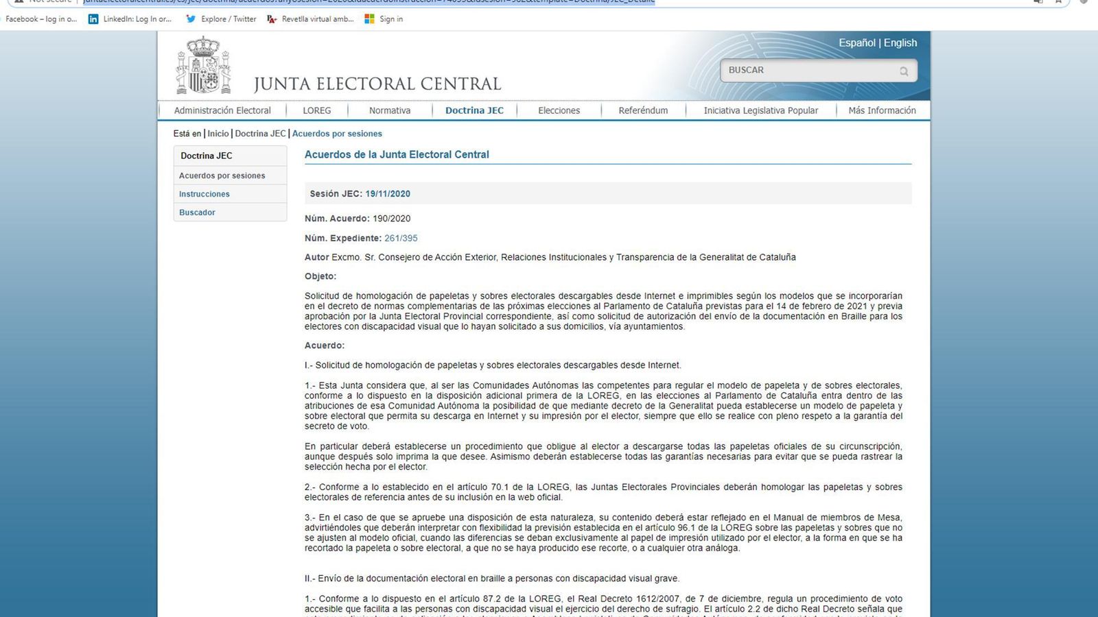 Cataluña Junta Electoral Central web