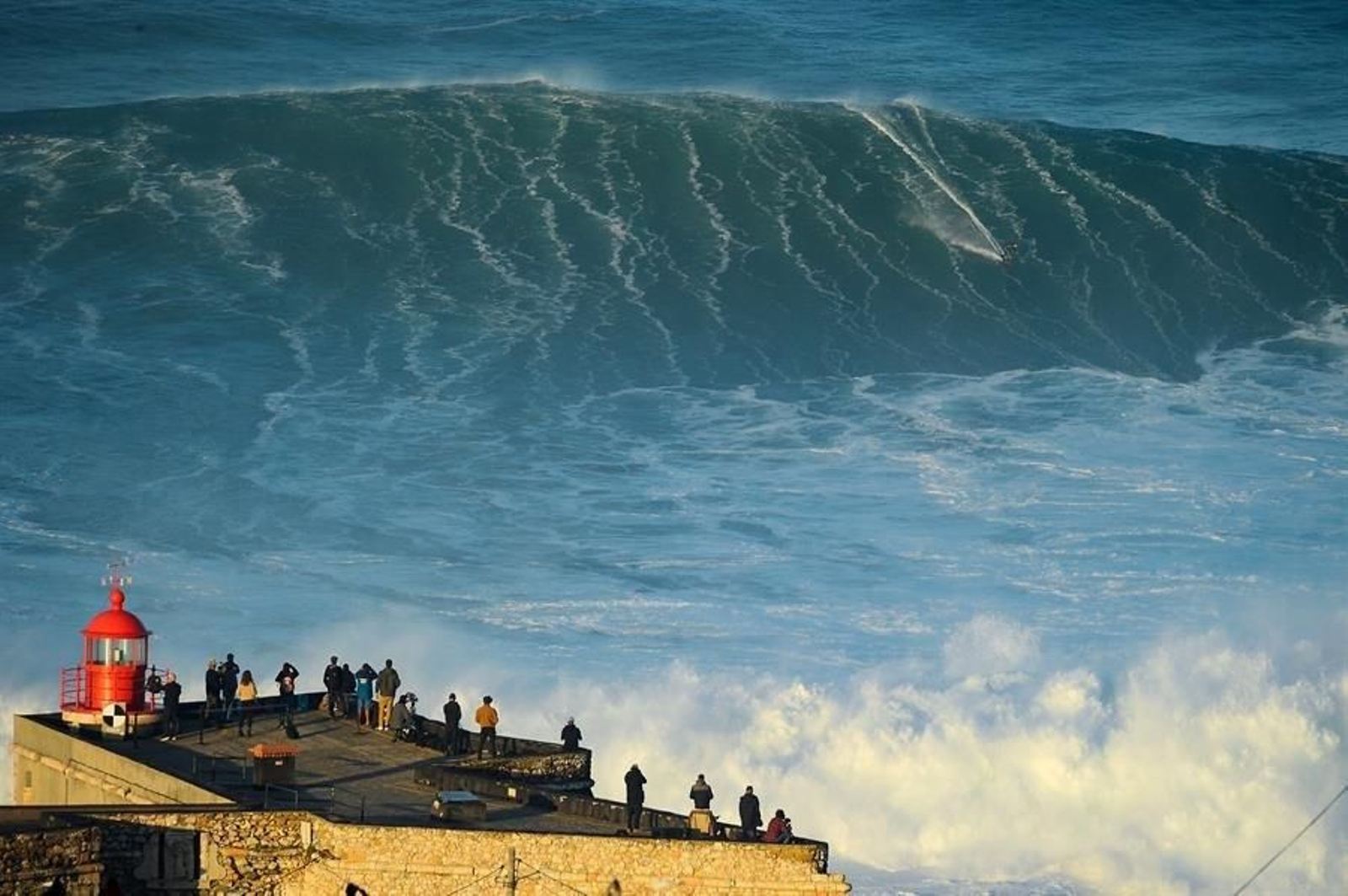 Miles de personas observan las olas gigantes en Nazaré.// EFE/ Carlos Barroso