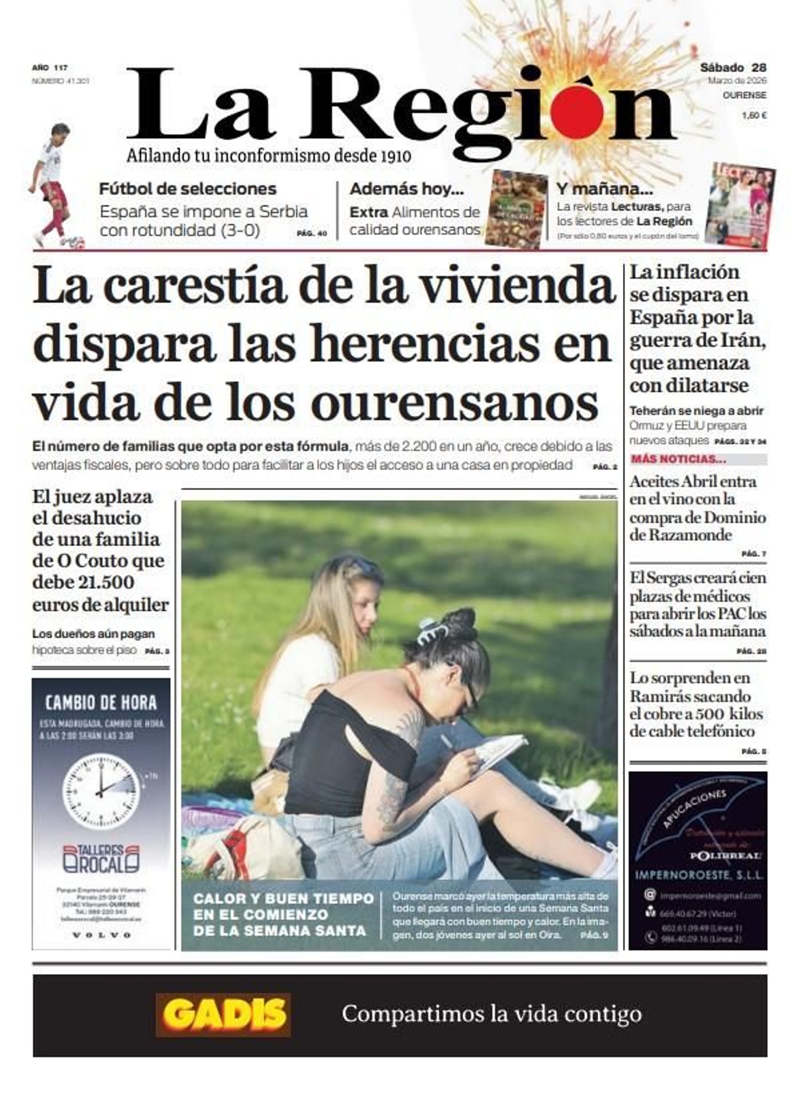 La portada de La Región este sábado 28 de marzo.