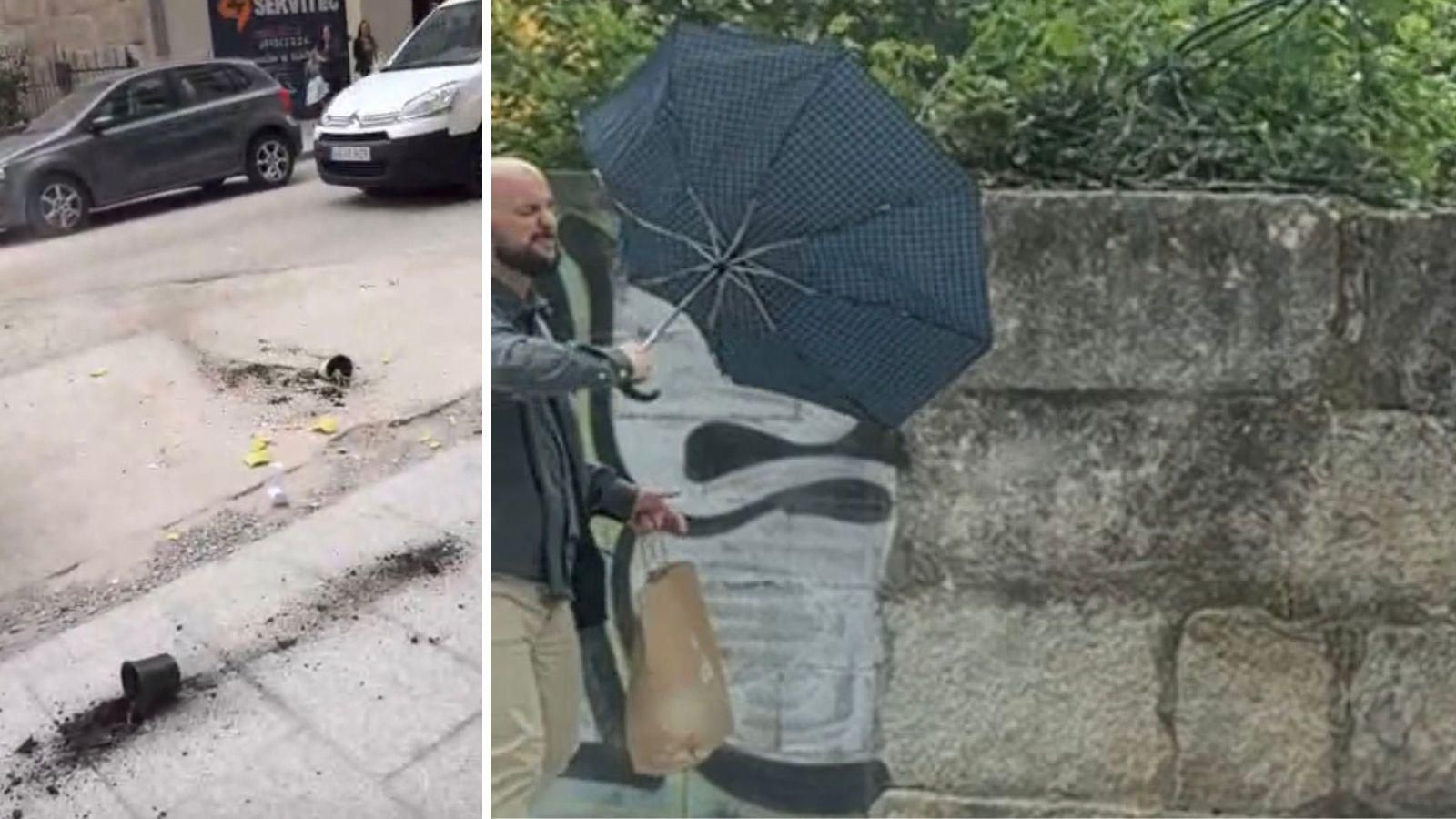 Las macetas que casi provocan un accidente y un vecino afectado por los residuos de las obras levantados por el viento.