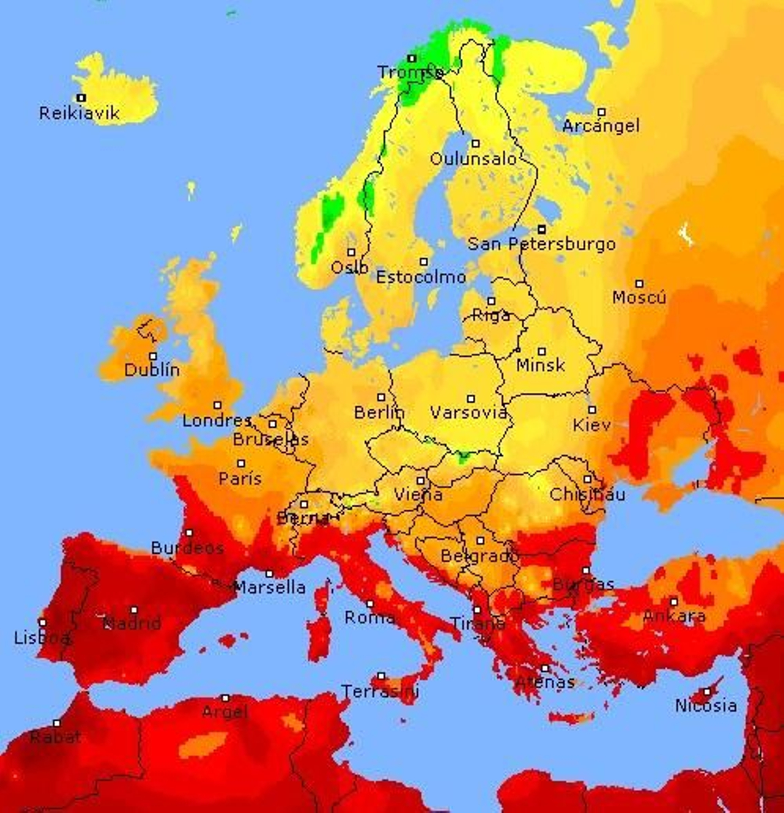 Mapa de colores con las temperaturas de Ourense de este lunes, 21 de septiembre