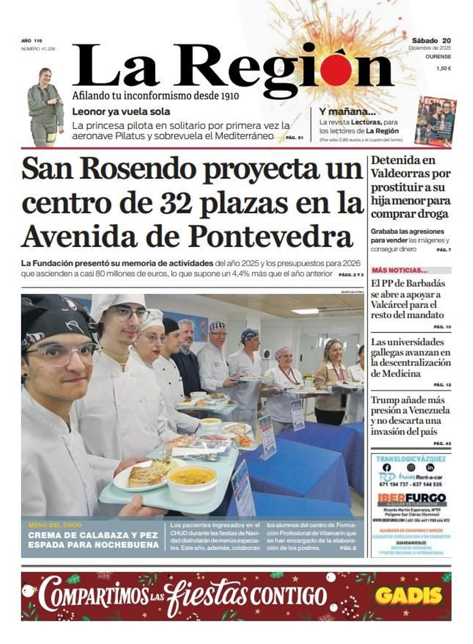 La portada de La Región de este sábado 20 de diciembre.