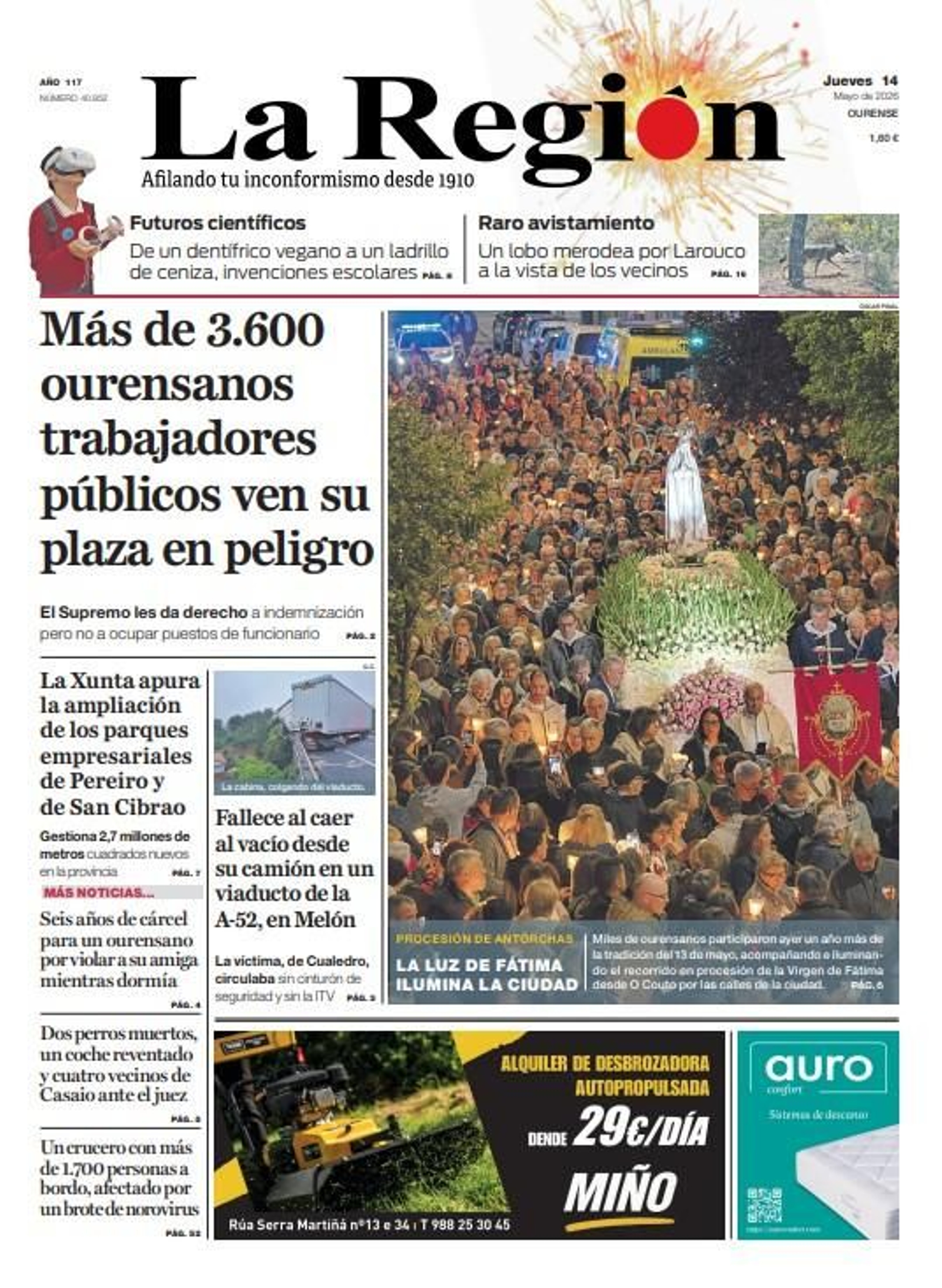 Los titulares de La Región de este jueves, 14 de mayo