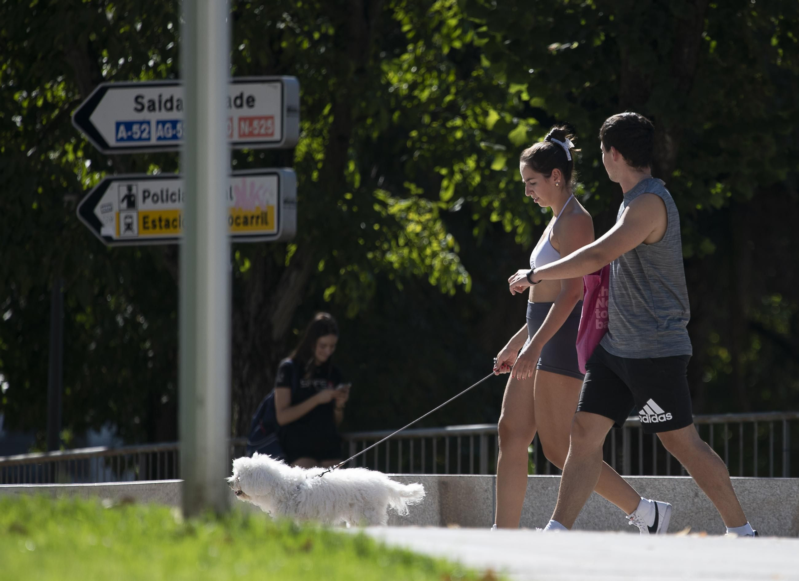 Un pareja ourensana pasea a su perro bajo el intenso calor.