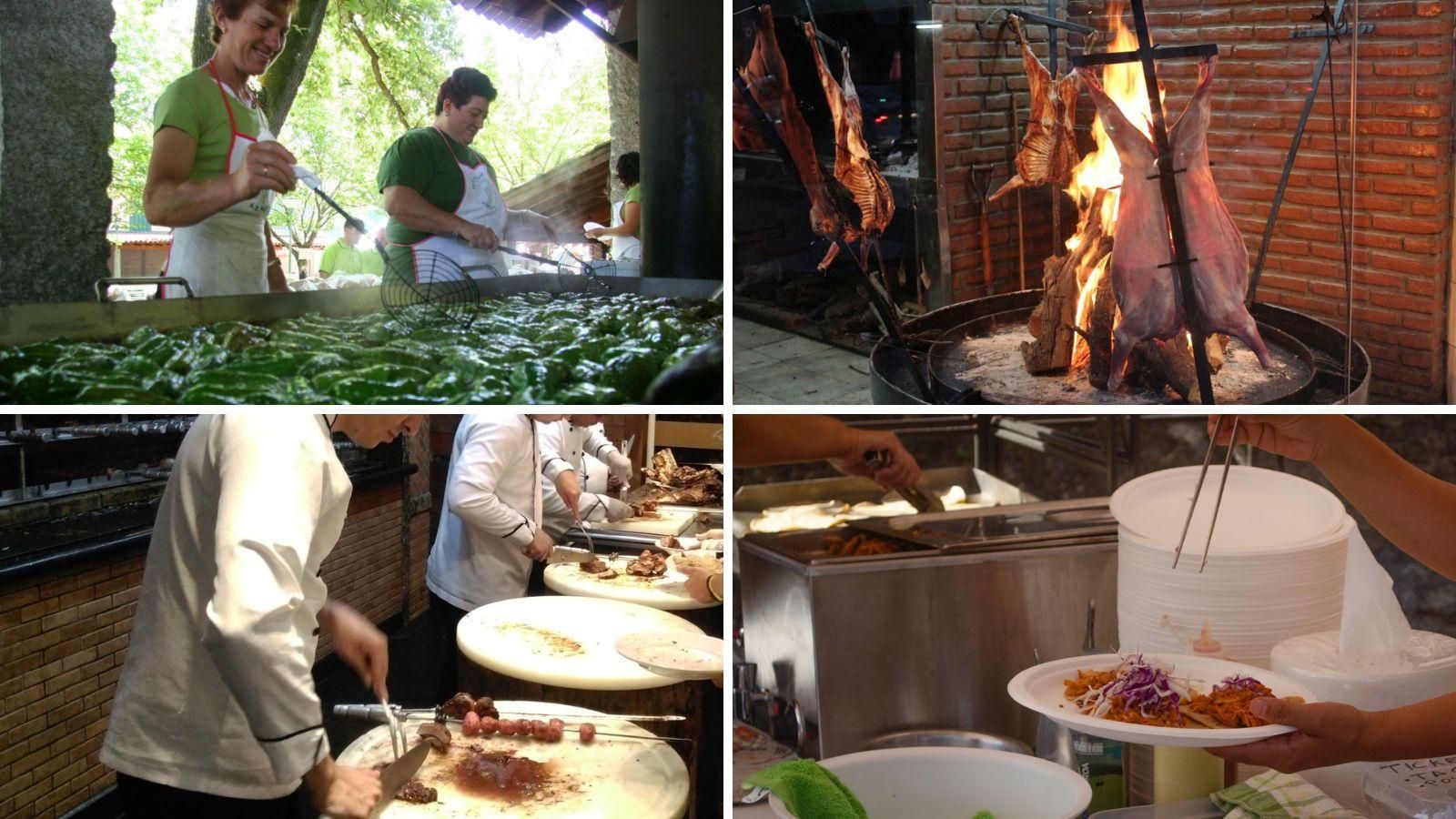 El pimiento antes de Arnoia fue mexicano; chivitos o cabritos al espeto; cocineros de un rodizio brasileño y cocineros preparando unos tacos mexicanos.