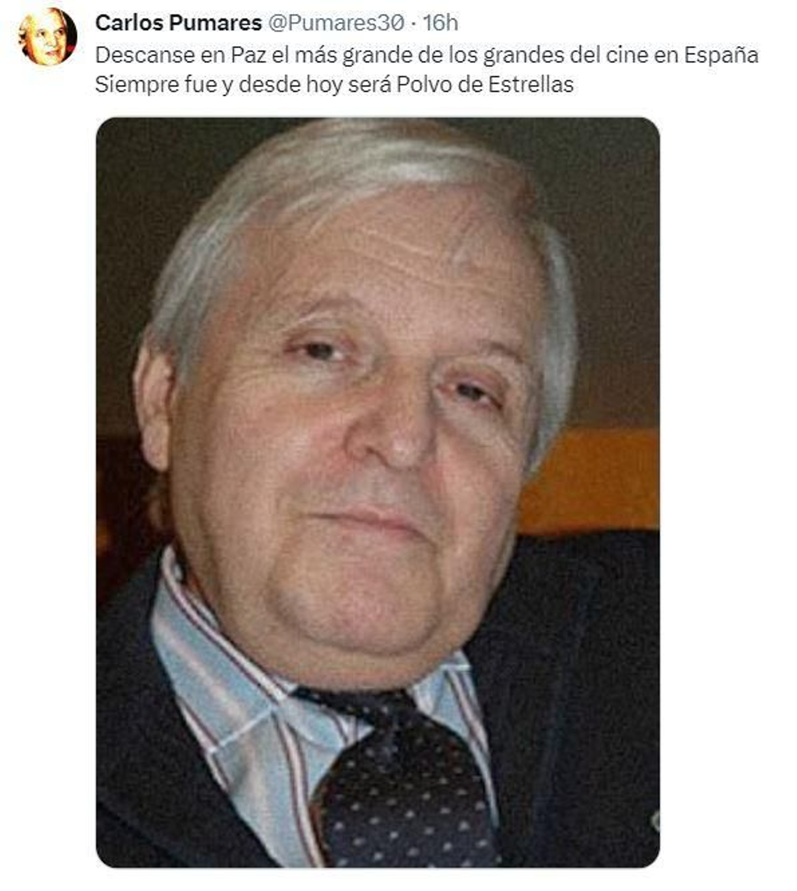 Anuncio del fallecimiento de Carlos Pumares en su perfil de X