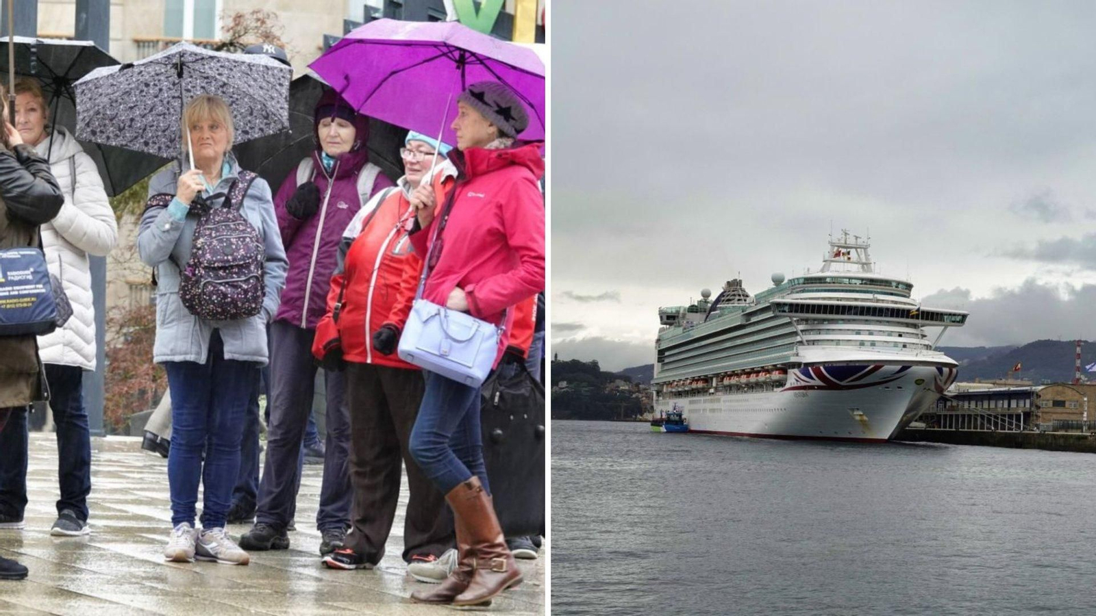 Cruceristas, ayer por la mañana bajo la lluvia. El “Ventura” llegó por última vez este año a la Estación Marítima, pese al mal tiempo.