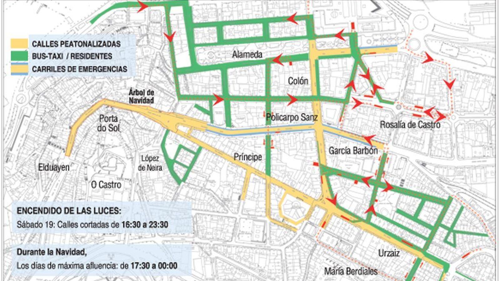 El Plan de Seguridad para la ceremonia del encendido navideño acota el aforo a 9.000 asistentes en la zona cero. Así, este sábado el acceso al entorno del Árbol estará restringido. Afectará a Porta do Sol, Praza da Princesa, Elduayen hasta Sombreiros, Policarpo Sanz hasta Darío Álvarez Blázquez y Príncipe hasta López de Neira. La medida irá acompañada por cortes de tráfico desde las 16,30 a las 23,30 extendiéndose a República Argentina, Urzaiz o Gran Vía. Estas restricciones también se aplicarán los días centrales de la Navidad y los fines de semana, conforme a las necesidades. Desde el Concello recomiendan el uso del transporte público que incrementará sus frecuencias. Los días de máxima afluencia habrá cambios en la circulación en horario de 17:30-23 horas en las líneas que unen de Cánovas del Castillo a Urzaiz por Marqués de Valadares-Oporto, República Argentina- Uruguay-Cervantes. En esos casos, paradas operativas más próximas: Cánovas del Castillo 28, Marqués de Valladares, Uruguay 18, Cervantes 18, García Barbón 60 y de Urzáiz a la Praza de Compostela con paradas operativas más próximas en República Argentina y Gaitero Ricardo Portela.