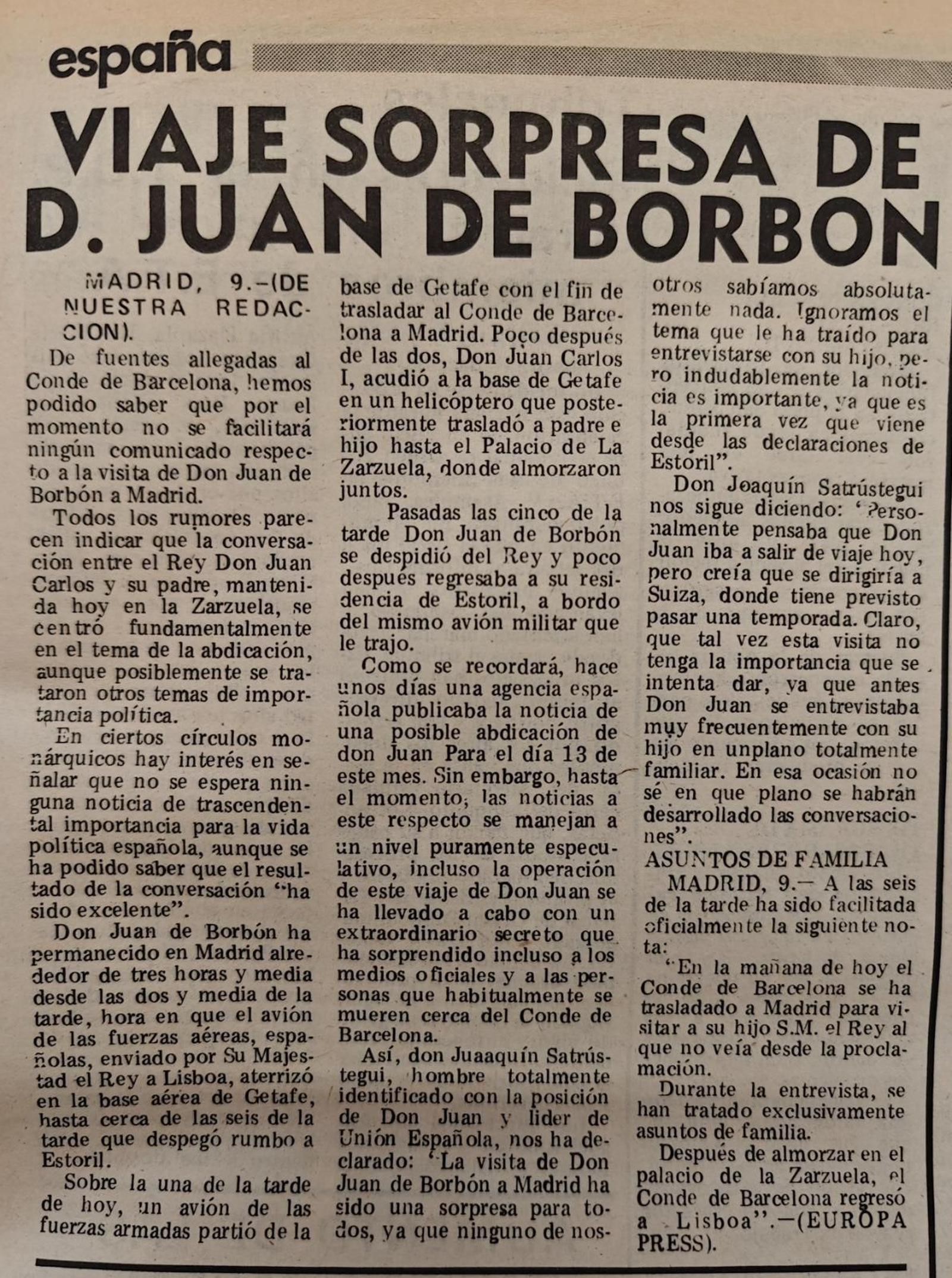 Don Juan de Borbón visita a su hijo en la Zarzuela.