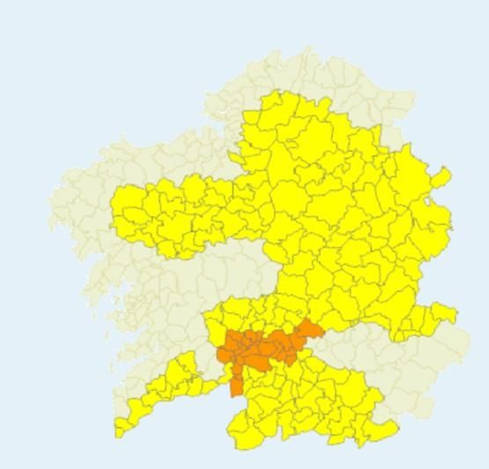 El mapa de Galicia donde se registran alertas amarillas y naranjas por el calor en la comunidad autónoma este viernes, 4 de septiembre.