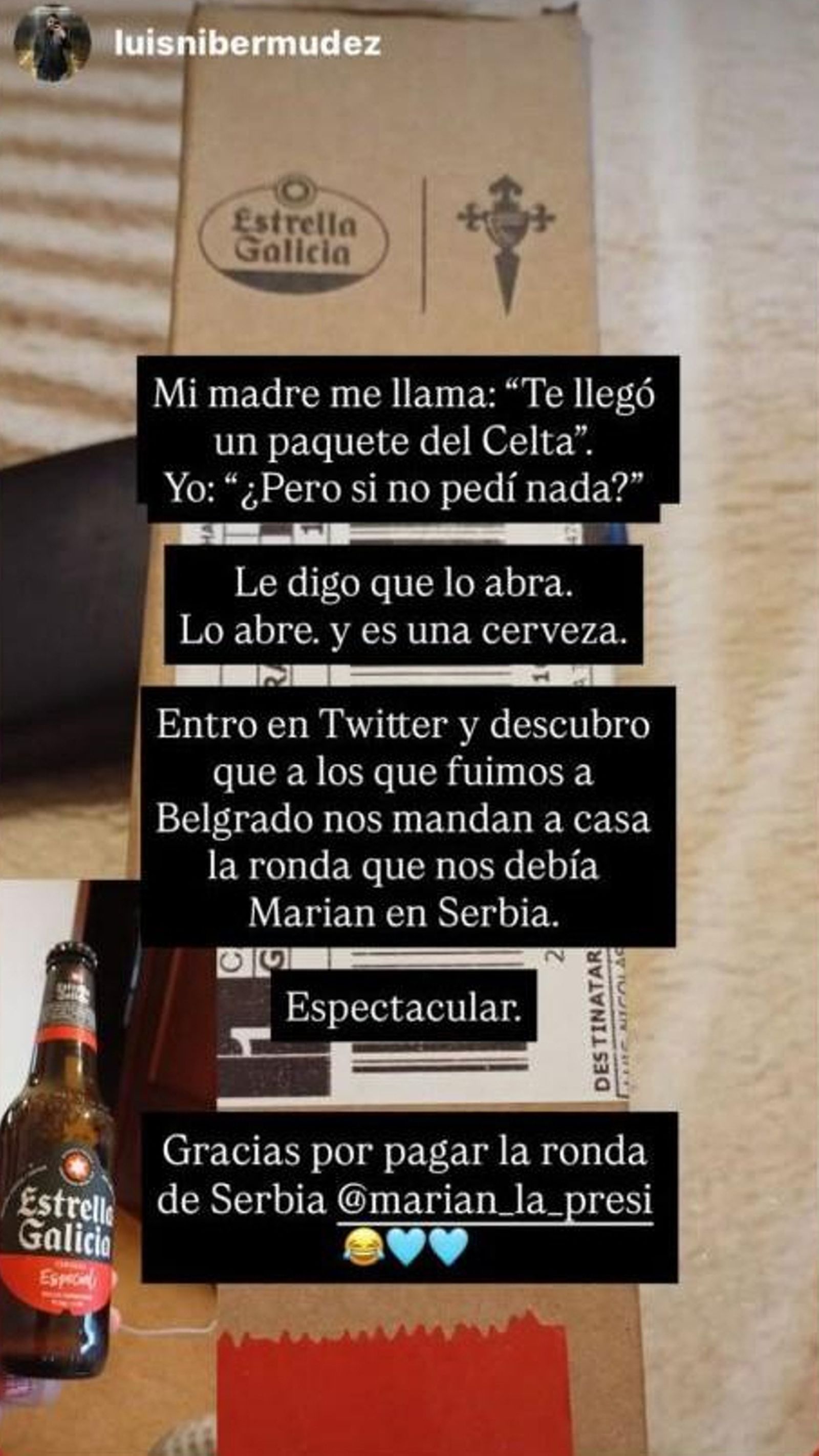 Uno de los aficionados celestes comparte su reacción al recibir el detalle sorpresa de Marián Mouriño.