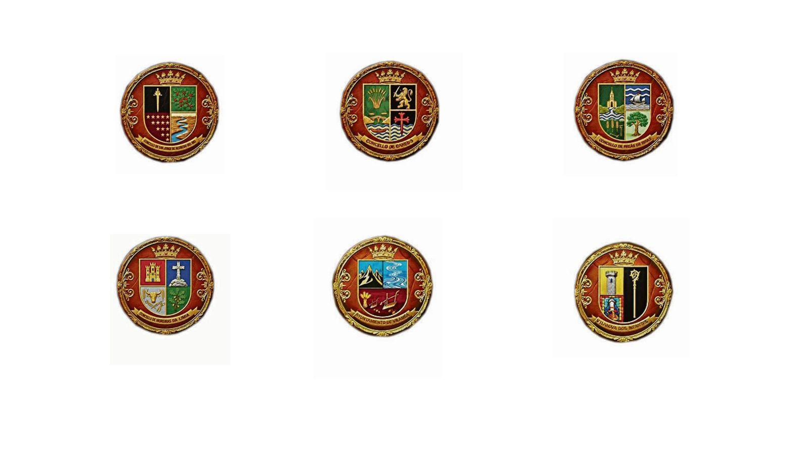 (De derecha a izquierda, de arriba a abajo).  Concello de Acevedo del Río. Concello de Canedo. Concello de Freás de Eiras. Concello de Moreiras. Concello de Vilameá. Concello de Vilanova dos Infantes.