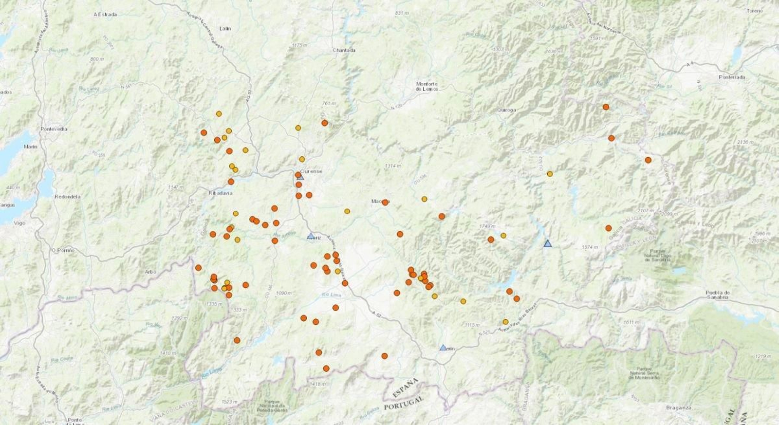 Epicentros de los terremotos en Ourense.