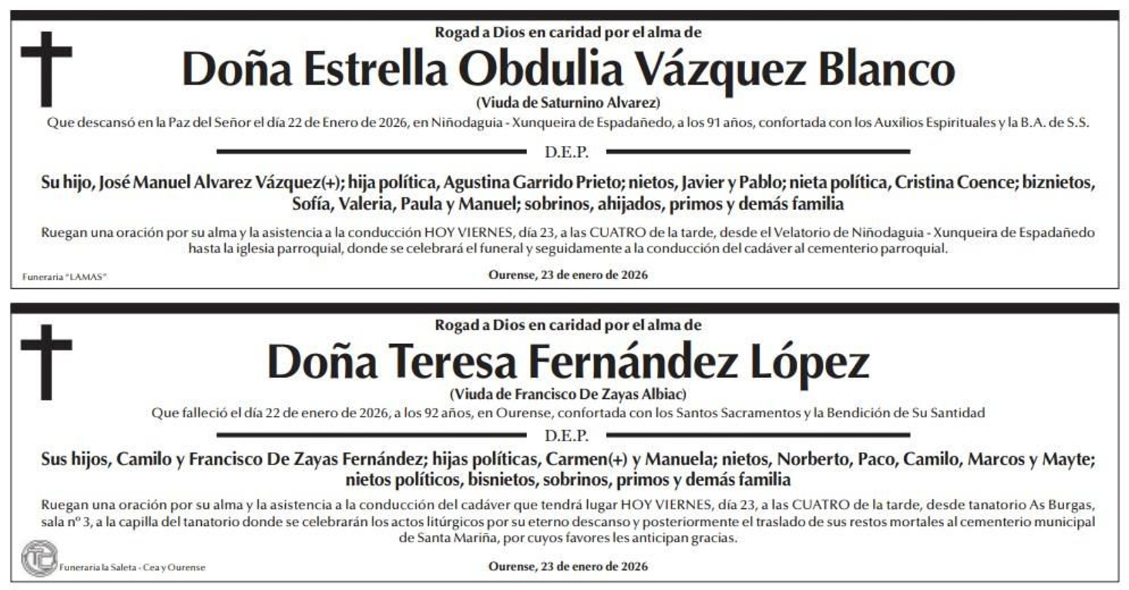 Las esquelas de hoy, 23 de enero.