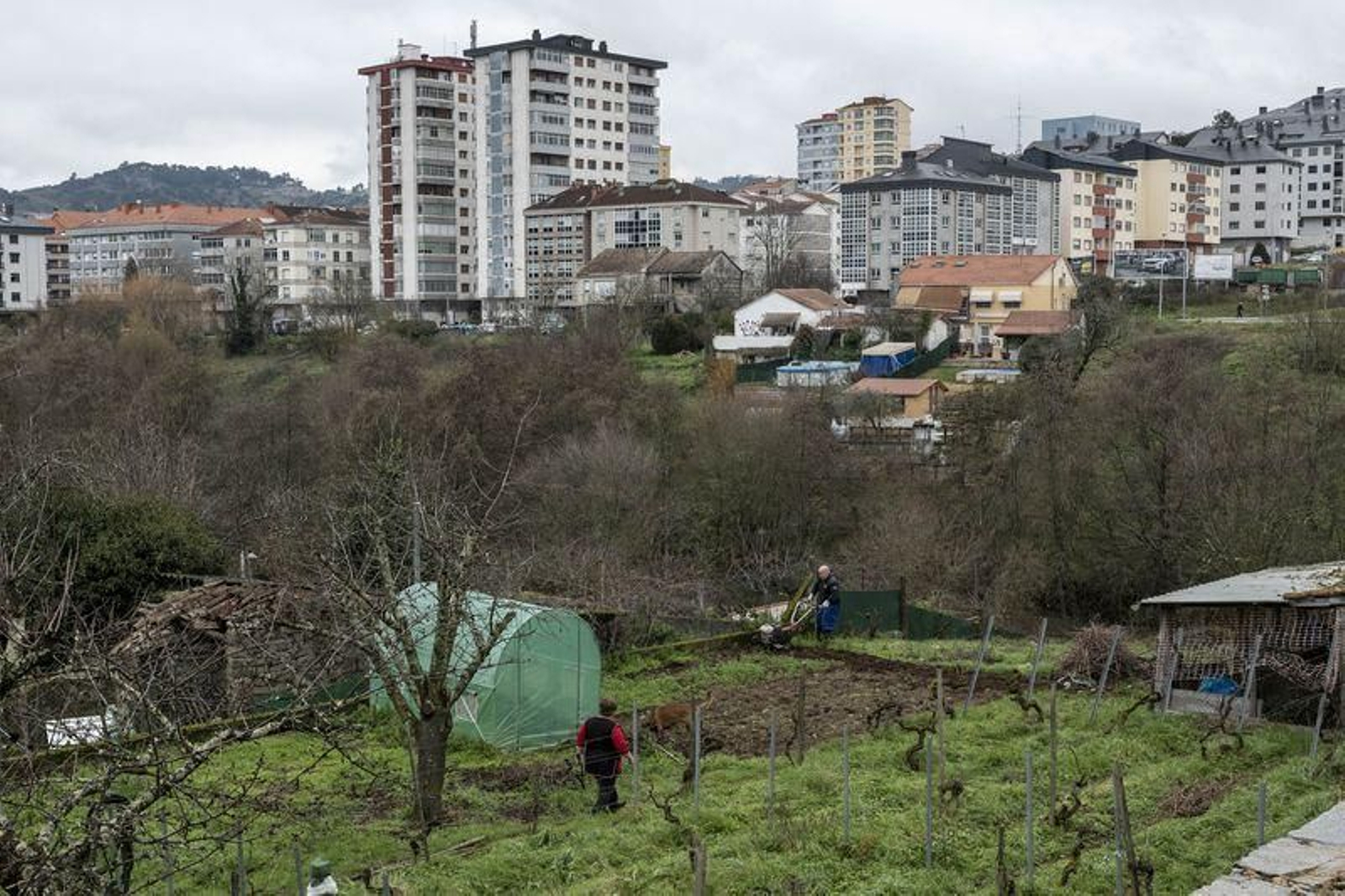 Dos vecinos de la ciudad trabajan en su huerta en un entorno que conserva tradiciones rurales (ÓSCAR PINAL).