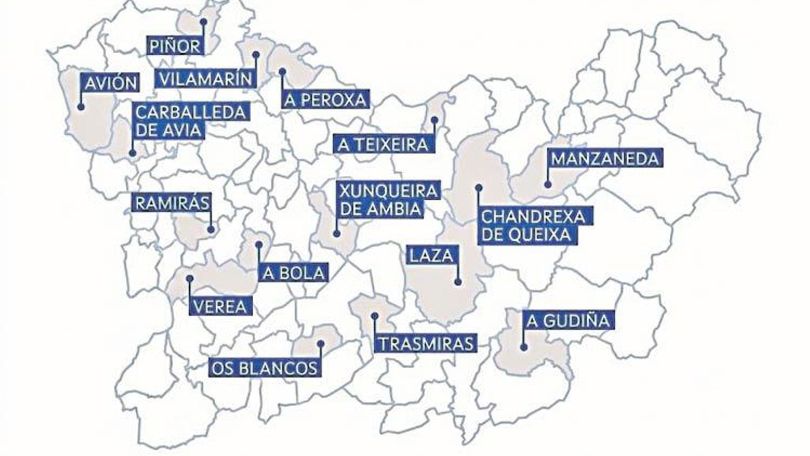 Concellos da provincia de Ourense con proxectos seleccionados no Plan de Investimentos.