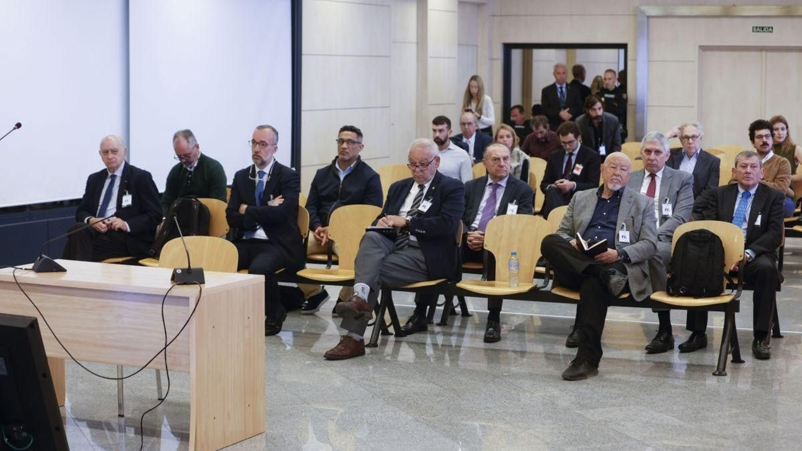 El exministro de Interior, Jorge Fernández Díaz; su número dos, Francisco Martínez; el exDAO de la Policía Nacional Eugenio Pino, y el exjefe de Asuntos Internos de la Policía Nacional Marcelino Martín Blas, durante el primer día del juicio.