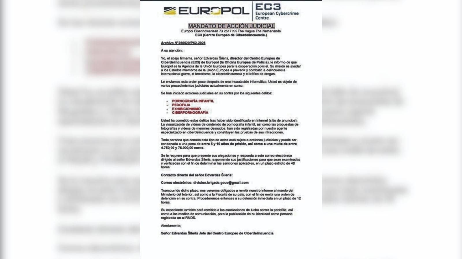 Carta fraudulenta de la Europol que llega a los correos de la UVigo.